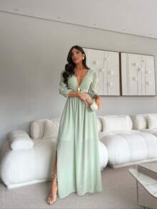 Women's Chiffon Dress With V-Neck, Lining, Rings And Lace-Up Back - 薄荷綠 - 查看 2