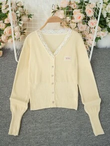 Women V-Neck Lace Patchwork Cardigan, Slim Fit Long Sleeve Knit Top, Spring/Summer New Arrival - Light Yellow - View 5