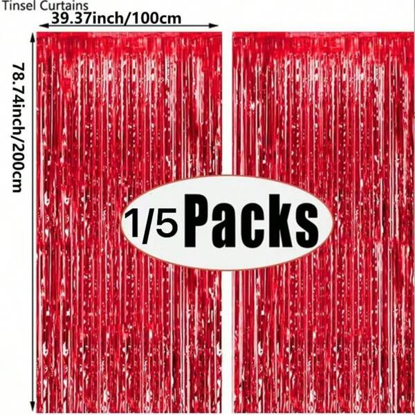1/5pcs Red Party Backdrop – Metallic Foil Fringe Tinsel Curtain For Birthday, Wedding, Celebration Decor – Glamorous Gift Supplies For Festive Events