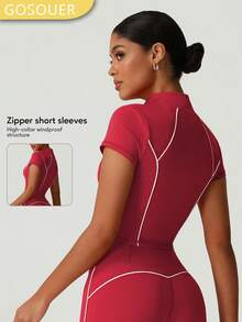 Women's Colorblock Line Slim Fit Zipper Small Stand Collar Short Sleeve Jacket - Red - View 2