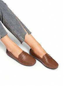 Women's Dressy Casual Slip-On Penny Loafers For Business And Office Wear Comfortable Arch Support Faux Leather Driving Loafer Shoes - 咖啡棕 - 查看 1