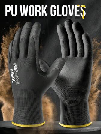 12 双装工作手套 - 13 针无缝针织，带防滑 PU 涂层，聚氨酯浸渍，适用于仓库和园艺，透气轻便，男女通用（黑色、灰色）