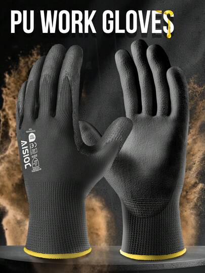 12 双装工作手套 - 13 针无缝针织，带防滑 PU 涂层，聚氨酯浸渍，适用于仓库和园艺，透气轻便，男女通用（黑色、灰色）