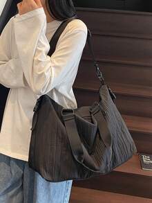 1 件纯色褶皱尼龙单肩托特包，大容量时尚女士手提包，适合度假、旅行、户外运动 - 黑色 - 查看 6