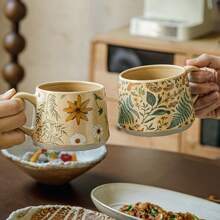 1/2 包带手柄陶瓷咖啡杯，360ml/12oz 复古花朵陶瓷咖啡杯，手工装饰美学茶杯，适用于拿铁、茶、牛奶、热可可，适用于洗碗机和微波炉
