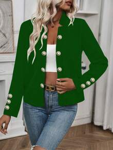 女士薄款纽扣长袖夹克，纯色，春/秋 - 綠色 - 查看 4
