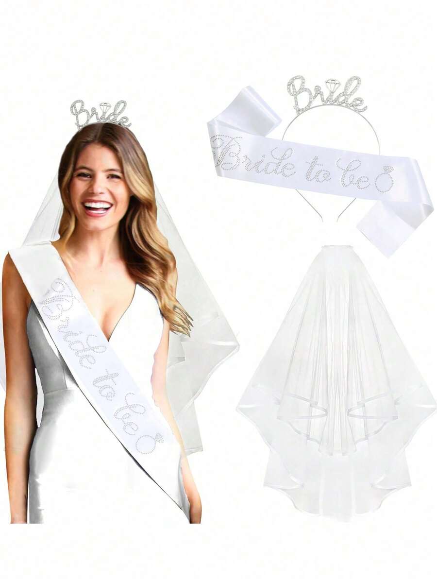 Set de 3 piezas que incluye diadema, faja y velo para la despedida de soltera de la novia, accesorio europeo para fotografías de boda