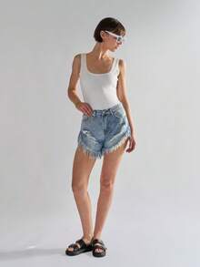 Antique-Wash High-Waisted Distressed Denim-Shorts - Light Wash - View 4