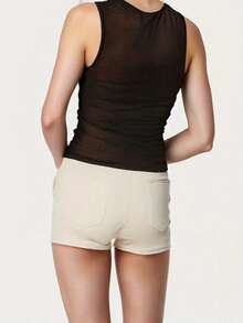 Women's Sheer Mesh Tank Tops Solid Color Sleeveless Round Neck Ruched Front Vest Elegant Shirt - Black - View 3