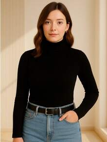 Cacharrel Women's Blouse, High Neck, Long Sleeve, Premium Ribbed, Simple, Knitted, Office - Black - View 1