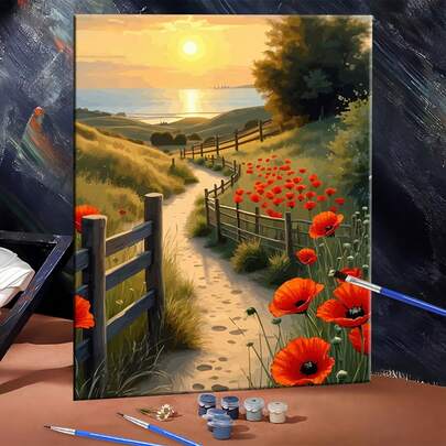 Sunset Landscape Painting By Number Kits Canvas Painting Meadow Flowers Poppy Handpaint DIY Digital Oil Painting Picture Drawing Scenery Coloring Artcraft Halloween Christmas Gift Home Decoration