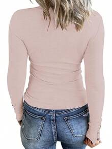 Women's Long Sleeve Henley Shirts Button Down Tops Scoop Neck Ribbed Knit Shirts - 卡其色 - 查看 2