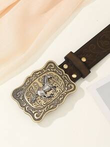 新款西部牛仔风女士休闲真皮腰带，配马形扣环，复古波西米亚街头时尚，高品质PU皮革，适合男士搭配，四季皆宜，休闲、商务、男友、丈夫、父亲等场合皆可作为礼物，日常穿着，时尚百搭，适合青少年、户外、度假、运动、旅行、街头、波西米亚风、复古秋季、万圣节等秋冬季配饰，适合青少年、青年、男士，休闲、户外、运动、度假、毕业礼物、生日礼物、日常穿着 - 卡其色 - 查看 4