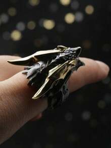 1 pieza Anillo abierto de hombre en forma de dragón de acero retro y genial - Negro - Ver 8