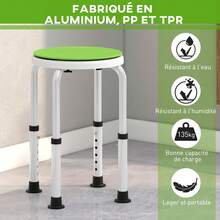 HOMCOM Tabouret de douche siège de douche tabouret de bain hauteur réglable 35,5-48,5 cm pivotant à 360° chaise de douche en aluminium et pied à caoutchouc TPR antidérapant max. 135 kg blanc et vert - Vert - Voir 4
