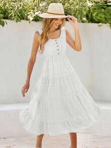 Vestido Tipo Chaleco A Cuadros Para Mujer, Con Cintura Elástica y Botones Delanteros, Vestido Largo Con Dobladillo Con Volantes. - Blanco - Ver 1