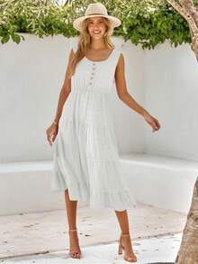 Vestido Tipo Chaleco A Cuadros Para Mujer, Con Cintura Elástica y Botones Delanteros, Vestido Largo Con Dobladillo Con Volantes. - Blanco - Ver 4
