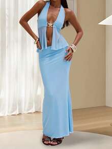 Y2k Ruffle Long Skirt Sets For Women 2 Piece Outfits Summer Ruched Backless Cami Top Matching Boho Maxi Skirt Set - 藍色 - 查看 1