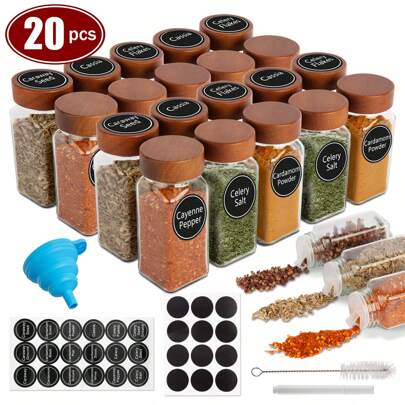 20Pcs Glass Spice Jars Set With Labels – 4 Oz Seasoning Containers With Acacia Wood Lids, Spice Cabinet & Drawer Organizer