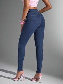 Jeanoix 高弹斜口袋休闲紧身牛仔裤 - 深色水洗藍 - 查看 2