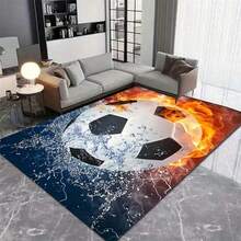 夏季足球主题升级地毯！激情足球，适用于运动室、卧室、游戏室、客厅，防滑多功能地毯 - 黃色 - 查看 3