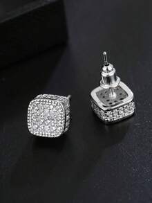 Men Cubic Zirconia Decor Square Stud Earrings, For Jewelry Gift And Party - White - View 4