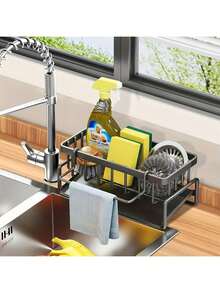 1pcs Effective Draining Kitchen Sponge Shelf, Soap Holder, Stainless Steel Material Is More Sturdy, Slope Design Is Free From Water Accumulation, Towel Independent Rack Effective Anti-Mold, Kitchen Storage - Black - View 2