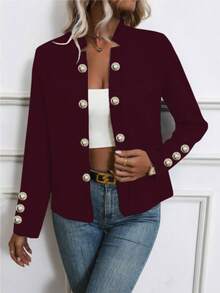 Women Plain Color Button Front Thin Jacket, Spring Autumn - Burgundy - View 2