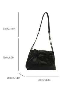 蝴蝶结装饰 1 件黑色抽绳褶蝴蝶结装饰 Pu Mate Rial 翻盖拉链单肩包，配有可调节肩带，适合日常通勤装使用，时尚蝴蝶结钱包，适合女士