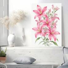 1Pc Framed Wall Art Pink Lilies, Floral Decoration, Watercolor Style Canvas Poster Paintings Ideal Gift For Living Room Bedroom Corridor Wall Decor Room Decoration Ready To Hang - 彩色 - 查看 2
