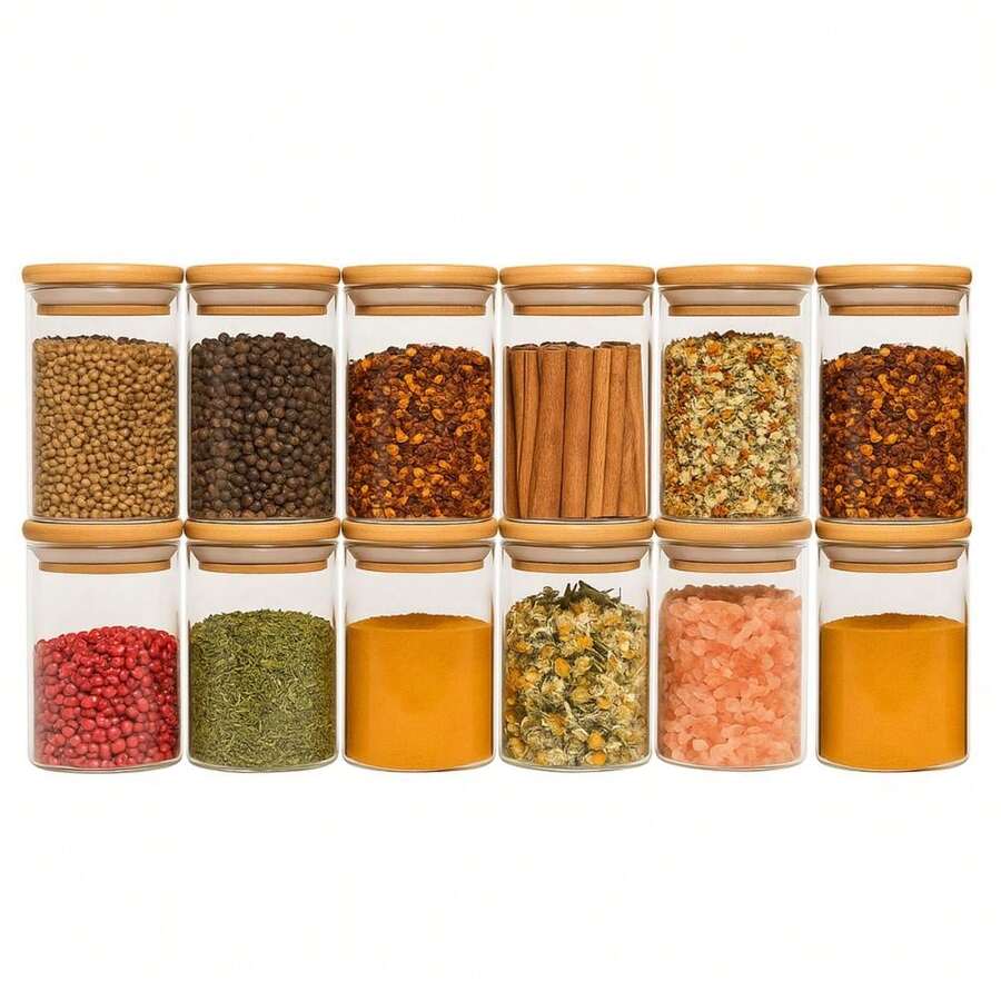 Set Of 12 250ml Glass Jars With Airtight Bamboo Lids For Seasoning - Oikos - Trong sáng - Xem 1