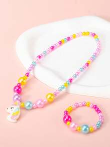Set de 2 piezas de pulsera y collar con cuentas con diseño de unicornio lindo para niñas, accesorios de joyería de princesa, adecuado para fiestas de niñas y regalos de cumpleaños