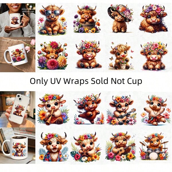 16pcs Highlands Cow & Colorful Floral Theme UV DTF Transfer Paper, Waterproof, Scratch-Resistant, Self-Adhesive PVC Stickers Suitable For Mugs, Ceramic Cups, Glass Cups, Metal Cups, Laptop, Phone Cases, DIY Packaging