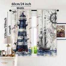 A Pair Of Antique Marine Theme Translucent Curtain Panels-2pcs Marine Sailboat, Seagull, Lighthouse And Compass Printed On Wood Grain Background-Rod Pocket Hanging-Transparent Polyester Curtain For Living Room, Bedroom, Kitchen-Machine Washable