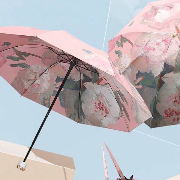 3-Fold Double Layer Umbrella, Double-Sided Printed Waterproof Sun Blocking Portable Mini Compact Folding Umbrella For Women