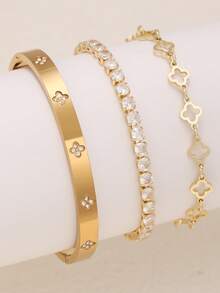 闪亮优雅奢华时尚幸运四叶草锆石不锈钢手链套装，适合女士日常佩戴和送礼