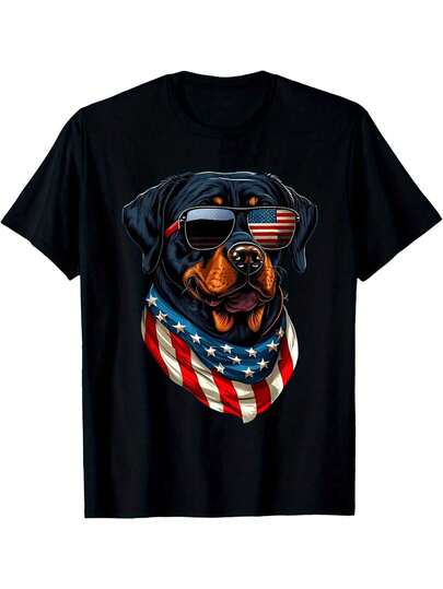 Camiseta Patriótica de Rottweiler del 4 de julio – Camisa de algodón negra para hombres con gafas de sol de bandera americana geniales