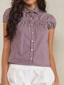 Women's Button Down Shirts Cap Sleeve Lapel Collar Stripes/Plaid Print Slim Fit Tops Summer Shirts - Burgundy - View 3
