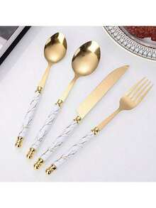 Christmas 24 Piece Set Of Double Bead Marble Patterned Tableware With Storage Rack, 410 Stainless Steel Tableware Knife, Fork, Spoon Set, Light Luxury Nordic Style Tableware, Suitable For Home Kitchens, Restaurants, Hotels, Holiday Gifts Home Decor New Year Gift - Multicolor - View 4