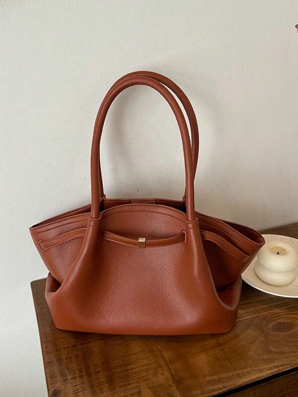 1pc Ladies Retro Solid Color PU Leather Shoulder Bag, Large Capacity Handbag With Double Handles And Snap Closure, Suitable For Travel, Shopping, Dating, Gifts For Women, Fit For Teenagers, College Students, Beginners And Office Ladies, Great For Office, School, Work, Business, Commuting, Outdoor, Travel, Picnic