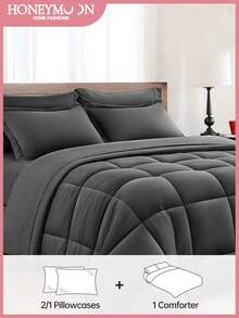 2/3pcs All Season Comforter Set (1*Comforter + 2*Pillowcase, Without Core), Soft Breathable Down Alternative Comforter Insert Lightweight Box Stitch Quilt Hotel Quality Comforter Machine Washable ,School Bedding ,Black - Black - View 1