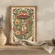 1 件无框 Cottagecore 老鼠墙壁艺术印刷品，复古羊皮纸上印有舒适林地插图、红色蘑菇和野花 | 乡村植物帆布海报，适合托儿所、公寓、客厅、卧室 | 完美的礼物和派对装饰、墙面印刷、度假旅行、海滩毕业典礼、返校、时髦海报（无框民间艺术）