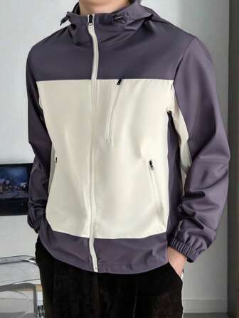 新款男士轻便拉链连帽夹克，撞色设计，适合春秋季户外穿着