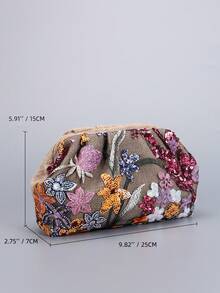 亮片刺绣花卉褶皱手拿包，女士休闲轻便假日钱包，时尚魅力晚宴包，适合度假、派对、通勤、圣诞礼物（图案位置随机），亮片 - 彩色 - 查看 4