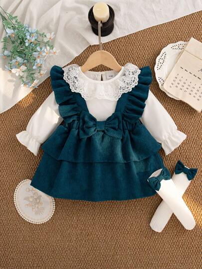 Autumn/Winter Baby Girls Cute Fashionable Lace Trim Round Neck White Top & Dark Green Bow Decor Suspender Cake Skirt & Bow Socks Stylish Outfit For Party