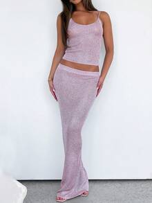 Two Piece Skirt Set For Women Sparkle Sleeveless Spaghetti Strap Scoop Neck Cami Tops Bodycon Maxi Long Skirts Sets Glitter Night Out Outfits Clubwear Party Dresses - 粉色 - 查看 1