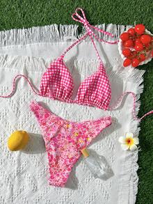 Bộ bikini nữ gợi cảm họa tiết hoa sọc, kiểu tam giác cổ chữ V sâu, thích hợp cho kỳ nghỉ hè ở bãi biển. - Hồng đậm - Xem 6