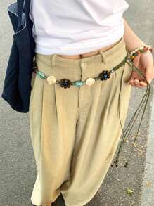 1pc Women's Olive Green Polyester Simple Retro Beaded Design Versatile Tie-Up Waist Rope For Beach Fall, Autumn, Halloween