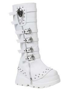 Women Wedge Punk Mid Calf Boots Ladies Shoes Platform Knee High Goth Boots With Chain Zipper Buckle Decor Chunky Heel Combat Boots Winter Outdoor Footwear - trắng - Xem 6