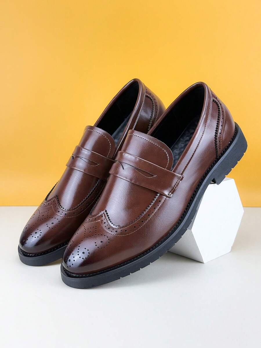 时尚简约男士便士乐福鞋牛津鞋优雅绅士皮革正装鞋布洛克鞋商务正装鞋纯色防滑鞋底休闲鞋男派对婚礼新郎鞋，春夏秋季，加大码正装/商务正装